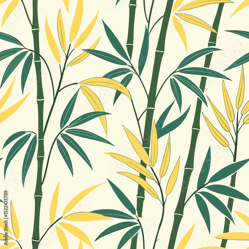 Stylized bamboo stalks and leaves in seamless vector pattern design  