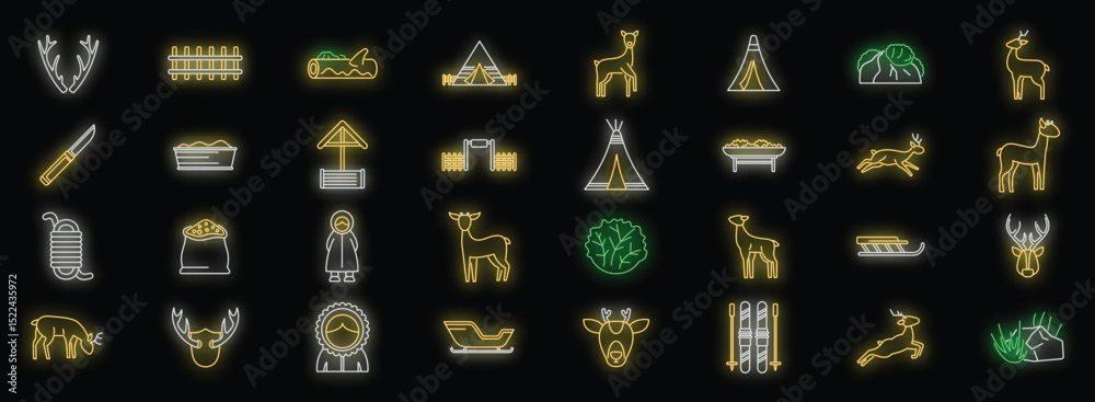 Fototapeta premium Colorful neon icons depicting camping and wildlife themes on a dark background