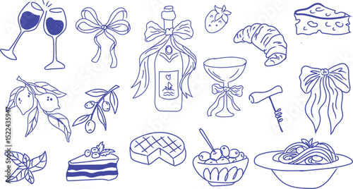 Hand drawn Italian summer vacation food doodle set – wine, pasta, cheese, lemon, dessert, olive, bow. Summer vacation grungy sketch for Amalfi or Sicily menu, poster, placard, vintage travel print.