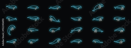 Photos Collection of neon outlines depicting manatees and dugongs on a dark background