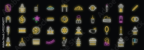 Colorful neon icons illustrating various aspects of nepal, from traditional clothing and cuisine to iconic landmarks and religious symbols