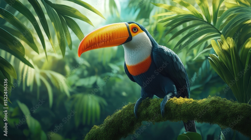 Obraz premium A vibrant toucan sitting on a mossy branch with tropical leaves in the background