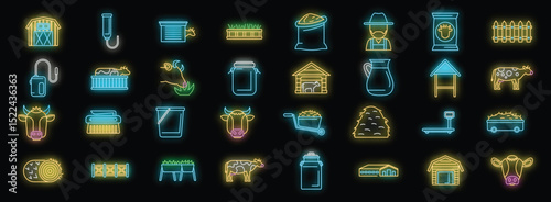 Glowing neon icons illustrate various aspects of cow farming, showcasing equipment, livestock care practices, and dairy production elements