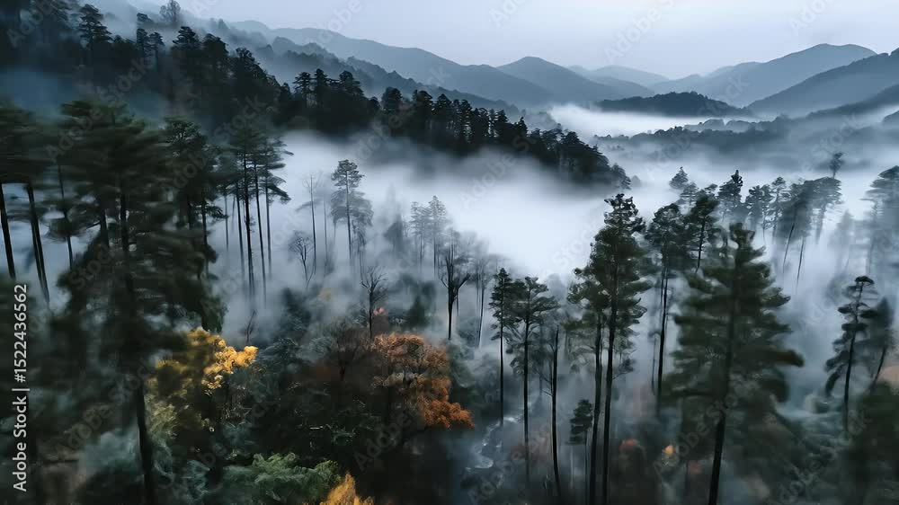 Misty mountain valley aerial view of forest and stream