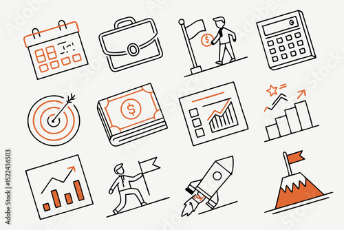 A collection of hand-drawn business and finance icons with a minimalist design style on a transparent background.