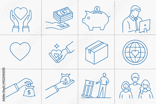 A collection of minimalist outline icon illustrations depicting financial concepts and giving charity with transparency.