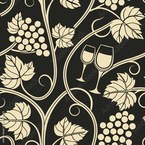 Classic seamless vector pattern of wine grapes and glasses design  