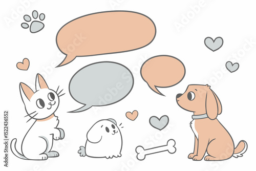 Adorable cartoon cat dog and puppy with speech bubbles love hearts and bone on a white background.