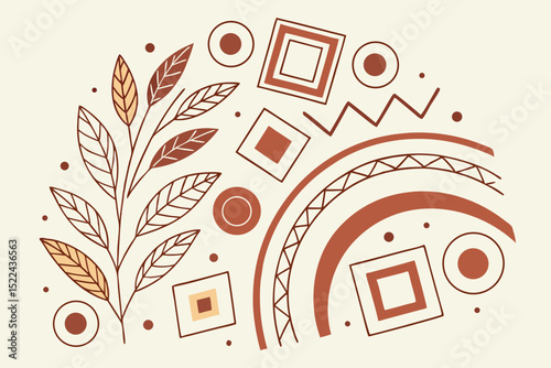 Abstract design illustration featuring geometric shapes leaves and earthy tones for a modern and aesthetic appeal
