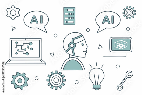 Artificial intelligence concept with robot head and ai speech bubbles surrounded by gears and other technological elements