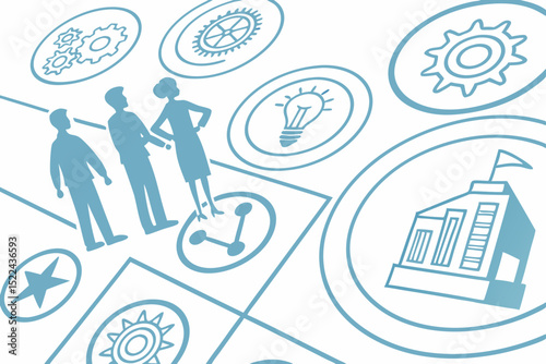 Abstract teamwork and idea illustration featuring business people and iconography for strategic planning and innovation concepts.