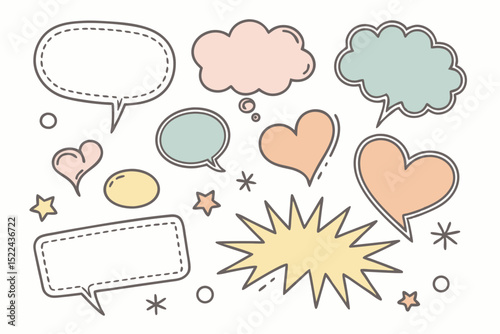 Collection of hand drawn speech bubbles and design elements with transparency suitable for various creative design projects