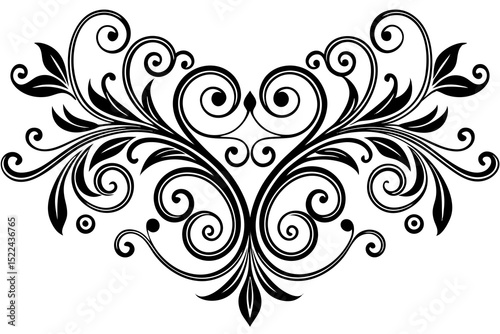 Elegant black and white floral ornament with swirls and leaves for decorative design projects