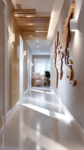 Modern hallway with wooden ceiling slats and 3D world map wall art, featuring soft lighting and minimalist decor in a bright contemporary interior.
