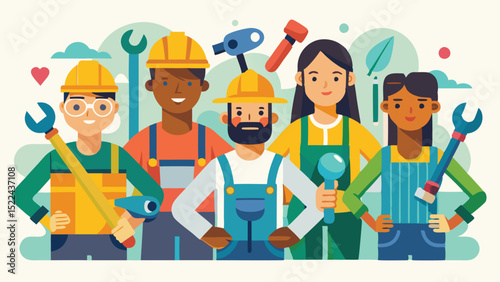 Diverse Cartoon Construction Workers with Tools Illustration Team of Men and Women Hard at Work