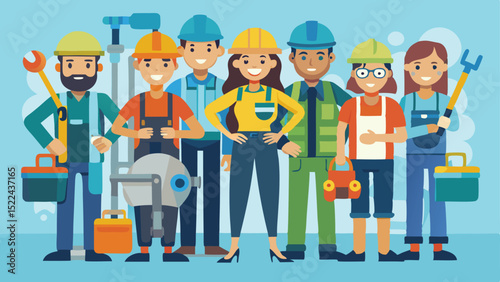 Diverse Team of Construction Workers and Plumbers with Tools and Equipment Illustration on Blue Background