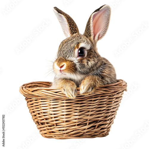 PNG Charming Brown Rabbit in Woven Basket Easter Bunny Spring Pet Wildlife against transparent Background