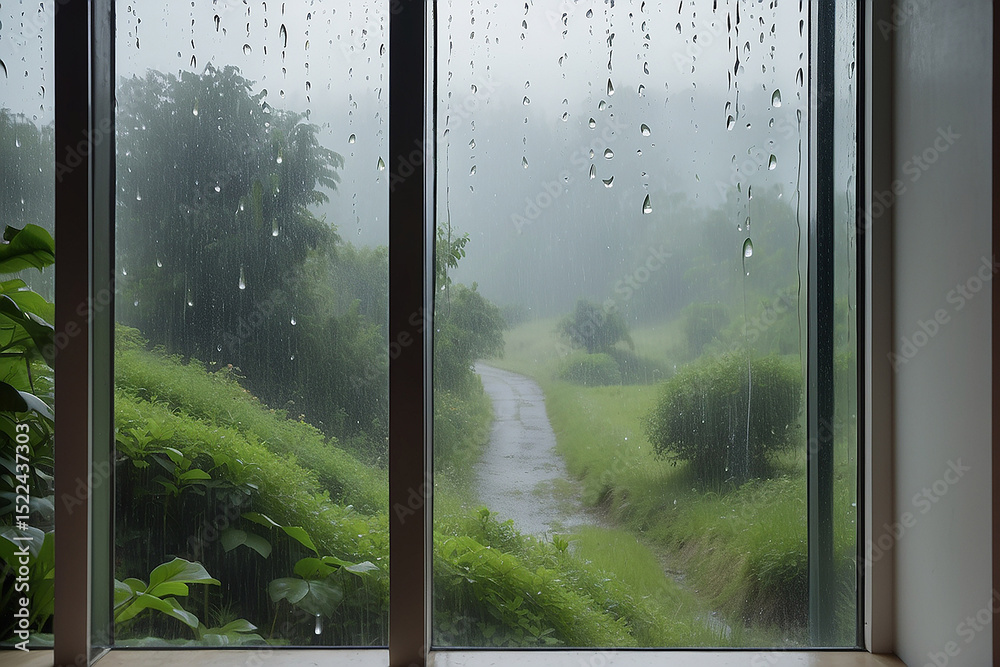 Naklejka premium Natural route through window with rain drops