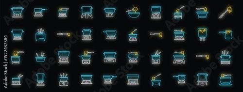Neon glowing fondue pots with melted cheese or chocolate and dipping forks, perfect for restaurant menus, recipe books, or culinary websites