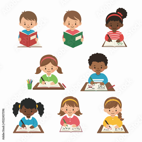 Kids learning, school children studying, writing books