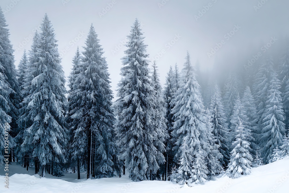 Fototapeta premium Realistic winter forest scene with tall pine trees covered in thick snow, cold mist in the air, serene white landscape, high contrast and sharp details 