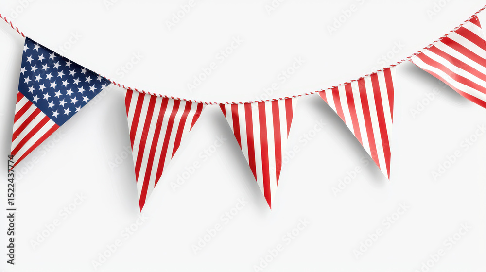 Fototapeta premium American flag bunting decoration for festive occasions, featuring red and white stripes with blue stars, creating patriotic atmosphere