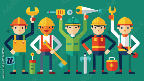 Cartoon Construction Workers Holding Tools Including a Wrench, Screwdriver, and Axe on Teal