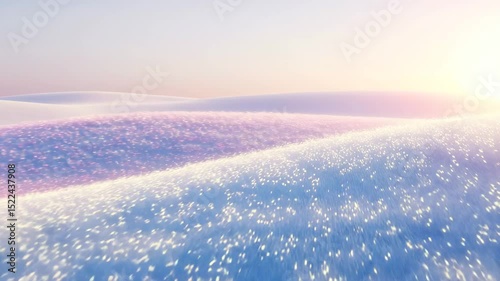 Expansive sandy landscape with soft pink and blue hues at sunrise  