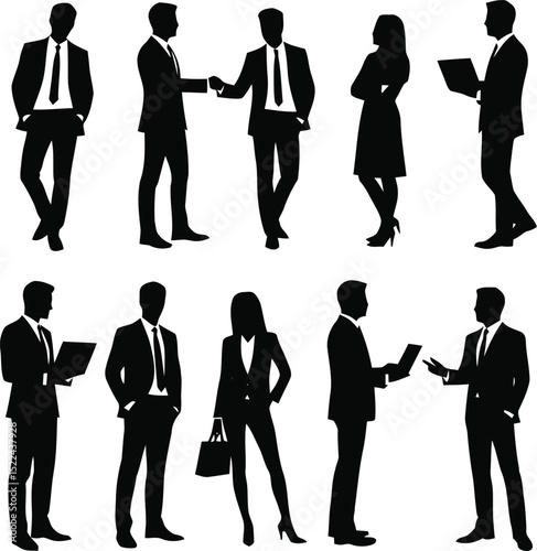silhouettes of men and women in business attire, standing, walking, shaking hands, giving presentations, and using laptops