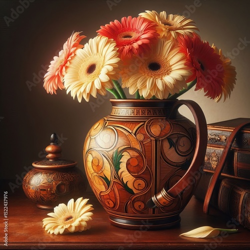 Marquetry Wood Vase with Gerbera leather strap Exotic marquetry