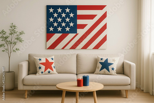 Modern living room with american flag wall art and star-themed decor elements. Happy 4th of July, independence day of USA