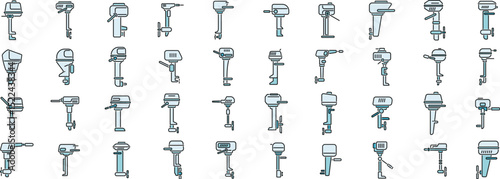 Diverse set of outboard motor designs in a minimalist style