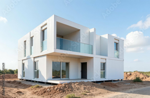 modular construction. modular home construction site with white prefabricated structure under clear sky