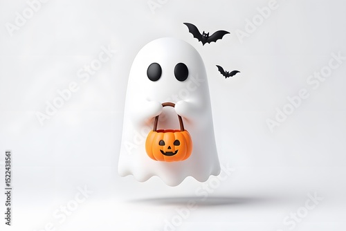 Cute cartoon ghost character carrying pumpkin bucket decorated with bats for halloween