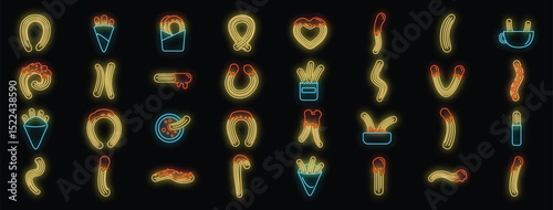 Churros icons set, spanish dessert glowing neon light style on black background