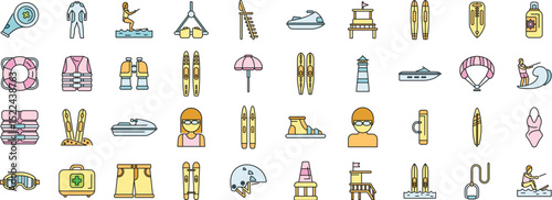 Colorful summer activity icons representing beach and water sports