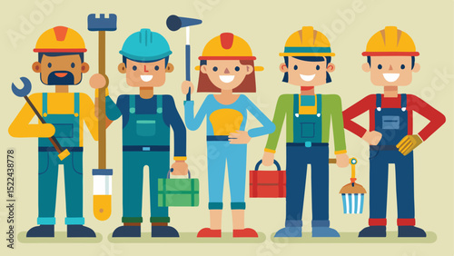 Cartoon Construction Workers with Tools Diverse Team of Professionals in Colorful Overalls and Hard Hats