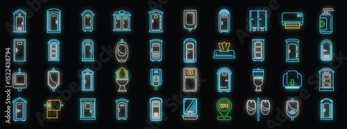 Glowing neon bio toilet icons representing various types of portable restrooms, including luxury trailers, standard units, and related accessories like toilet paper and hand sanitizer