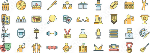 Colorful icons representing various hobbies and activities in a fun style