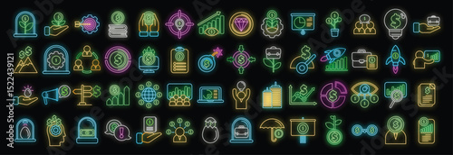 Glowing neon icons illustrate various aspects of finance, from investment and funding to business growth and achievement