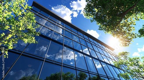 Modern Office Building with Glass Facade and Blue Accents