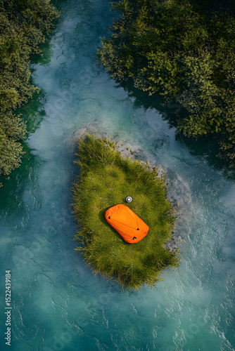 Drone view of minimalist bivy sack and lantern on grassy river island at dawn