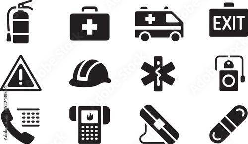 Black and white safety and emergency icons set depicting essential equipment