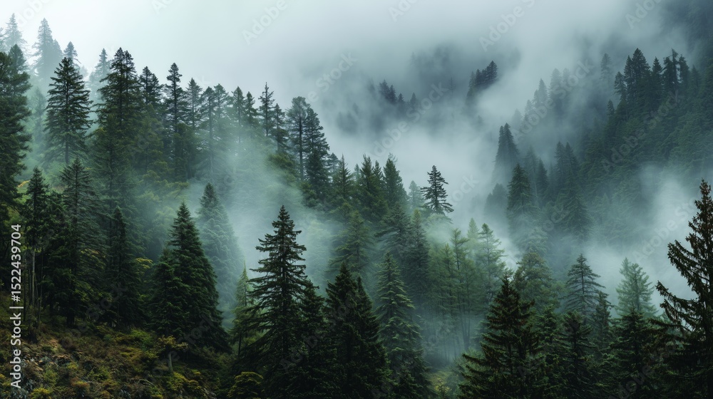 Fototapeta premium misty forest with dense trees surrounded by clouds in serene atmosphere