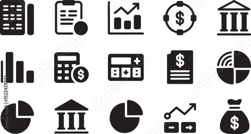 Collection of black and white finance and business icons for digital applications