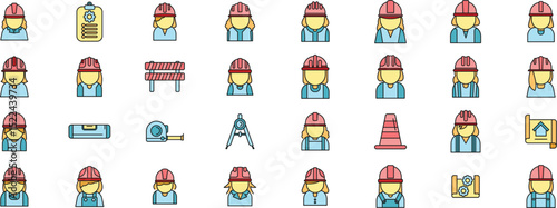 Diverse set of icons representing female construction workers, tools, and blueprint plans, celebrating women in construction