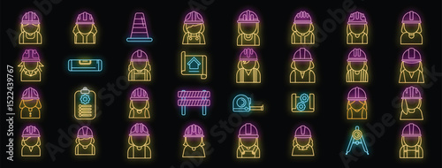 Bright neon icons depicting various construction and engineering roles