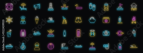 Colorful neon icons illuminating summer vacation activities, from swimming and sunbathing to water sports and camping