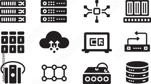 Collection of isolated black and white data server and networking icon set illustrations