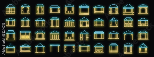 Glowing neon outlines of diverse pavilion designs on a dark background
